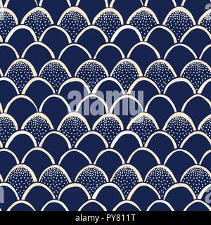 Indigo Hand-Drawn stile giapponese vettore Fishscale Seamless Pattern. Katazome colorante di resist. Moderno e tradizionale sfondo Texture. Geometrica astratta Sti Illustrazione Vettoriale