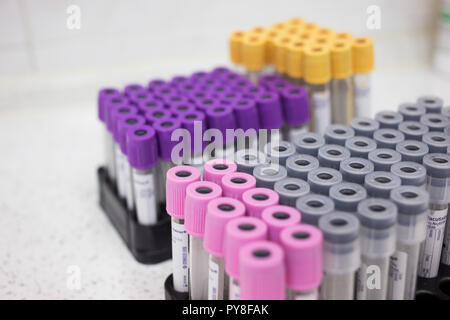 Fryazino, Russia - 06 11 2018: multi-tubi colorati per sangue, articoli medicali, biomateriale raccolta, il concetto di ufficio Foto Stock