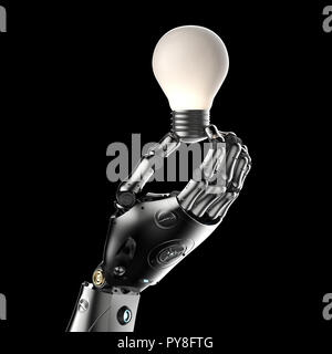 Il concetto di creatività con 3D rendering robot tenere in mano lampadina su sfondo nero Foto Stock