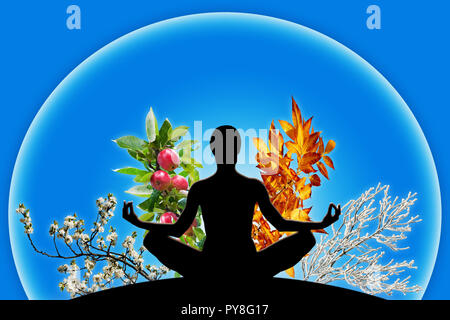 Yoga femmina figura in una sfera con 4 diversi rami, che rappresentano il 4 stagioni dell'anno (primavera, estate, autunno, inverno). Concetto di passare del tempo Foto Stock