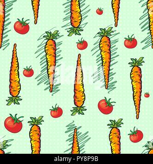 Carote e pomodori seamless pattern sul verde chiaro sfondo polkadot perfetto per carta da parati, texture, tessuto, e stampati Illustrazione Vettoriale