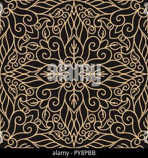 Luxury seamless pattern con il mandala in oro su sfondo nero con vintage, retrò, orientale style design Illustrazione Vettoriale