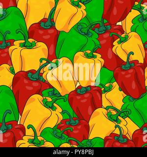 Peperoni seamless pattern in rosso, giallo e il colore verde disegnata a mano illustrazione vettoriale per la carta da parati, texture, tessuto, e superficie di progettazione Illustrazione Vettoriale