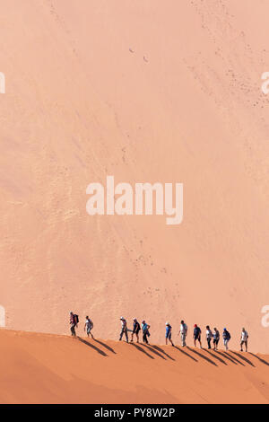 I turisti a piedi lungo la cresta di una duna di sabbia; Daddy Grande Duna in background; Sossusvlei, Namib Desert, Namibia Africa Foto Stock