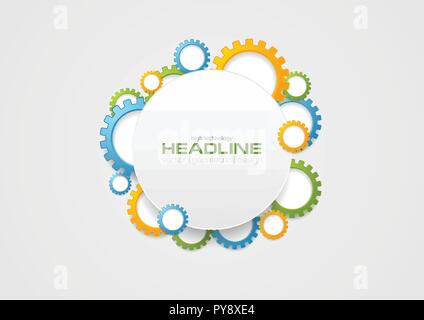 Abstract tech ingranaggi colorati e cerchio vuoto dello sfondo. Comunicazione globale disegno vettoriale Illustrazione Vettoriale