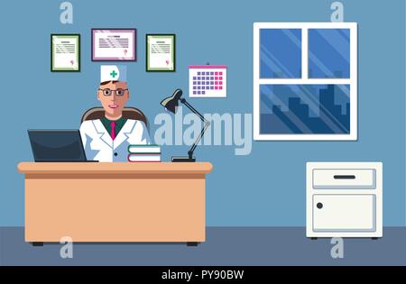 Illustrazione di un medico che è seduto nel suo ufficio e di lavoro. L'ufficio del medico. Il design degli interni. L'appuntamento dal dottore. Illustrazione Vettoriale