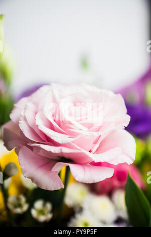 Bouquet con un sacco di fiori diversi su sfondo di legno. Profondità di campo poco profonda. Foto Stock