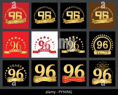 Impostare il numero di novantasei (96 anni) la celebrazione del design. Anniversario numero d'oro agli elementi del modello per la tua festa di compleanno. Illustrazione Vettoriale