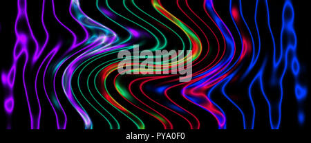 Multicolor incandescente neon linee piegate su sfondo nero. Neon lucido frattale. Moto sfocata. Abstract illustrazione psichedelici. Wide format