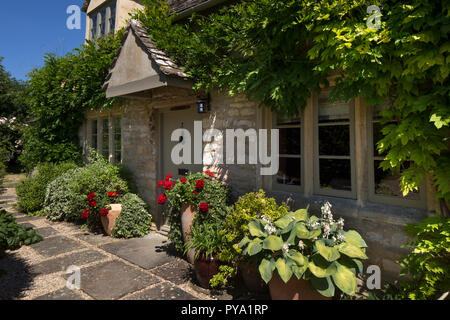 Sportello anteriore del cottage nel Giardino inglese con il glicine e vasi di rose e hosta,l'Inghilterra,l'Europa Foto Stock