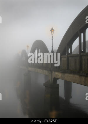 Luci di strada illuminano attraverso la nebbia in una mattinata nebbiosa sul ponte Dee sul fiume Dee, Kirkcudbright, Dumfries e Galloway, nel sud-ovest della Scozia. La scena è misteriosa e torbida Foto Stock