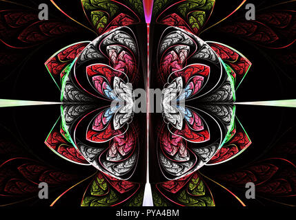 Simmetriche multicolore modello frattale come fiore o farfalla in vetrata stile. Grafica generata al computer. Foto Stock