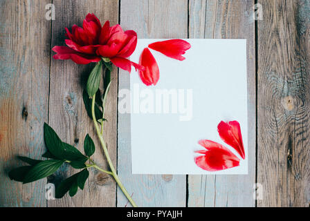 Peonia fiore e vuota del foglio di carta su sfondo di legno Foto Stock