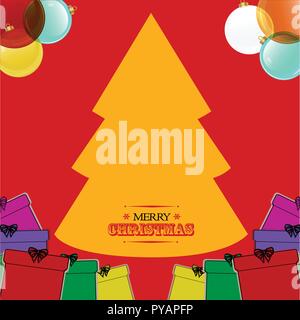Natale sfondo rosso con Giallo Tree Baubles confezioni regalo e testo decorativo Illustrazione Vettoriale