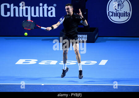 St Jakobshalle di Basilea, in Svizzera. 26 ott 2018. ATP World Tour, Swiss Tennis Indoor; Roberto Bautista Agut (ESP) in azione contro Alexander Zverev (GER) in quarti Credito: Azione Sport Plus/Alamy Live News Foto Stock