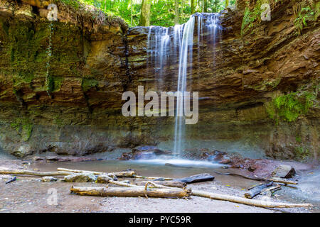 Germania, Cascata nella foresta sveva riserva naturale a moss coperte del letto di roccia Foto Stock