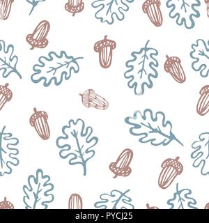 Foglie di quercia e ghiande seamless pattern. Disegnato a mano i simboli di autunno su sfondo bianco. Carino retrò pattern per la progettazione. Illustrazione Vettoriale