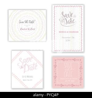 Invito pastello collezione modelli isolati su sfondo.Salvare la data carte con disegnati a mano decorazione. Un matrimonio o qualsiasi invito evento design. Illustrazione Vettoriale