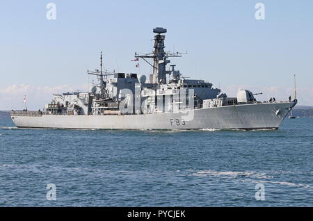 La Royal Navy tipo 23 fregata HMS St Albans arriva a Portsmouth, nel Regno Unito il 7 settembre 2018 Foto Stock