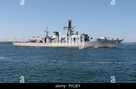 La Royal Navy tipo 23 fregata HMS St Albans arriva a Portsmouth, nel Regno Unito il 7 settembre 2018 Foto Stock