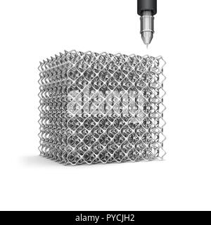 Stampante 3D rendendo cubo di acciaio, illustrazione. Foto Stock