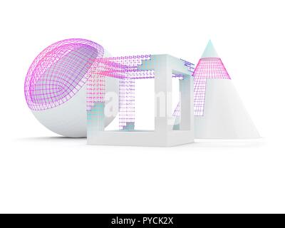 Un set di tre semplici oggetti geometrici con visibile wireframe, illustrazione. Foto Stock