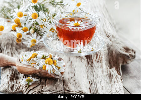 Una chiara tazza di medicinali tè camomilla su un vecchio tavolo di legno. Salute e stile di vita sano concetto. Foto Stock