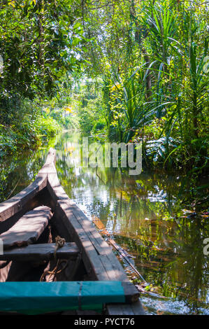 Barca tradizionale del Kerala Backwaters galleggianti attraverso la giungla. Backwaters nel Kerala è una rete di 1500 km di canali sia artificiali e naturali. Foto Stock