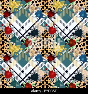 Tartan scozzese grunge seamless pattern con leopard macchie della pelle e fiori colorati . eps 10 Illustrazione Vettoriale