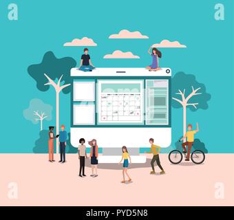 Mini persone che lavorano nel computer desktop Illustrazione Vettoriale