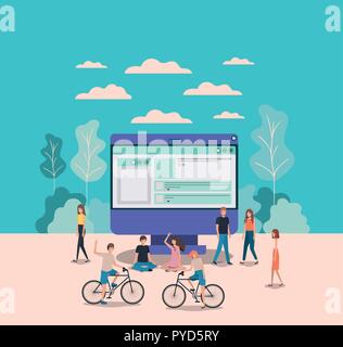 Mini persone che lavorano nel computer desktop Illustrazione Vettoriale