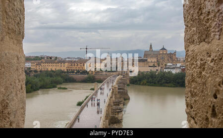 Ponte di cordoba moschea e dalla Torre di Calahorra batlements un giorno di pioggia. Cordoba, Andalusia, Spagna Foto Stock