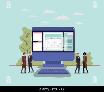 Mini persone che lavorano nel computer desktop Illustrazione Vettoriale