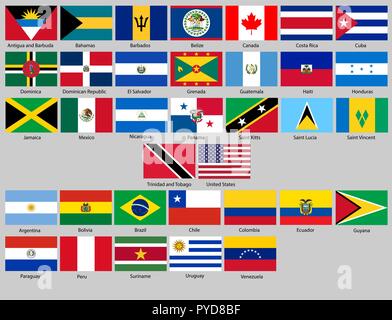 Illustrazione Vettoriale di paesi diversi flag impostati. Tutte le bandiere America del Nord e del Sud Illustrazione Vettoriale