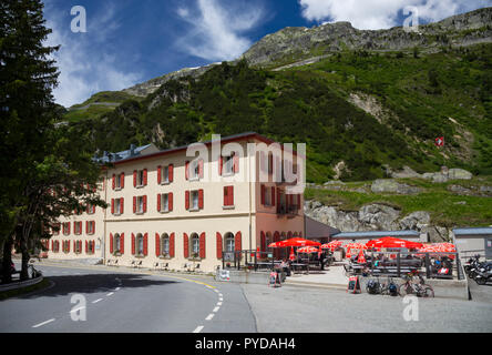 Grand Hotel Glacier du Rhône, café e il resto stop sul Furka Pass, Gletsch, Svizzera. Foto Stock