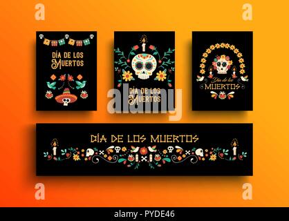 Il giorno dei morti greeting card set di modelli per la tradizionale cultura messicana holiday celebrazione con teschi di zucchero e decorazione del Messico in spagnolo lang Illustrazione Vettoriale