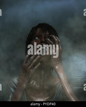 3d illustrazione del fantasma della donna nel lago,Scary sfondo supporti misti Foto Stock