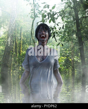 3d illustrazione del fantasma della donna nel lago,Scary sfondo supporti misti Foto Stock