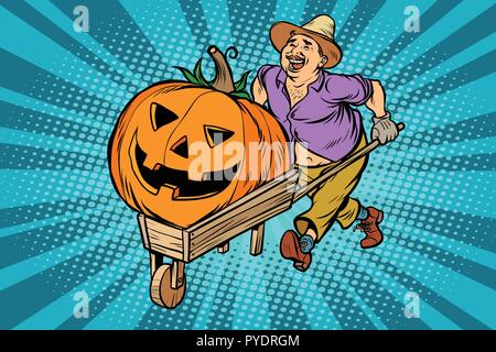 Zucca di Halloween. agricoltore, l'uomo con una carriola in legno. Fumetto cartoon arte pop retrò illustrazione vettoriale disegno Illustrazione Vettoriale