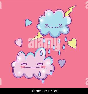 Kawaii soffici nuvole di pioggia con il tuono Illustrazione Vettoriale
