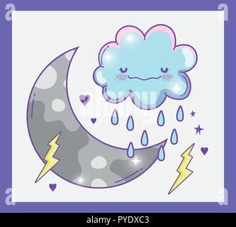 Kawaii soffice nuvola di pioggia con tuoni e luna Illustrazione Vettoriale