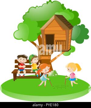 Molti bambini che giocano in giardino illustrazione Illustrazione Vettoriale