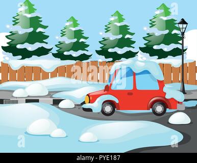 Scena di vicinato con auto rossa ricoperta di neve illustrazione Illustrazione Vettoriale