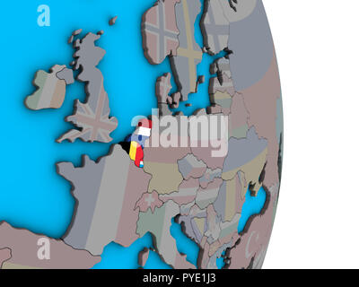 Unione Benelux con embedded bandiere nazionali sulla politica semplice globo 3D. 3D'illustrazione. Foto Stock