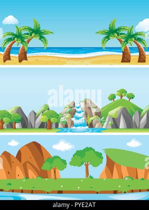 Tre scene naturali con differenti landforms illustrazione Illustrazione Vettoriale