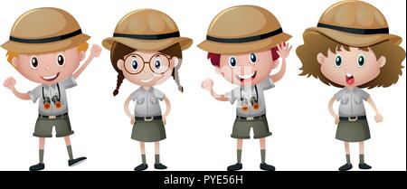 Quattro bambini in safari outfit illustrazione Illustrazione Vettoriale