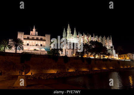 Cattedrale di Palma de Mallorca di notte - Spagna Foto Stock