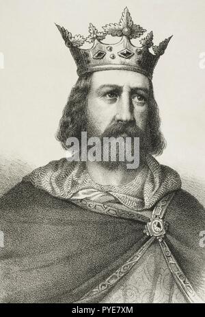 Alfonso II de Aragón " el Casto" (1157-1196). Rey de Aragón y Conde de Barcelona, Besalú, Gerona, Cerdaña y Osona. Dibujo por Llanta. Detalle. Litografía. Crónica General de España, Historia Ilustrada y Descriptiva de sus Provincias. Cataluña, 1866. Biblioteca Histórico Militar de Barcelona. Cataluña, España. Foto Stock