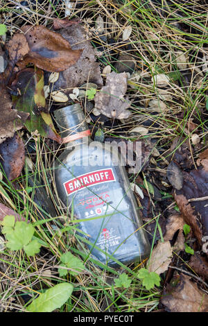 Scartato bicchiere vuoto vodka bottiglia littering sul ciglio della strada in erba e foglie Foto Stock