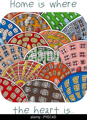 Set di doodle carino case. Accogliente cartoon disegnati a mano gli edifici in colori luminosi. Disegnata a mano illustrazione vettoriale card con scritte a casa è dove egli Illustrazione Vettoriale